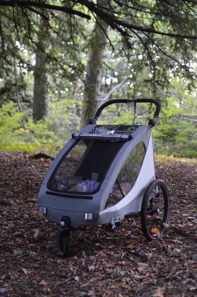 Hauck International A green double running/bike buggy is parked in a Scottish woodland.
